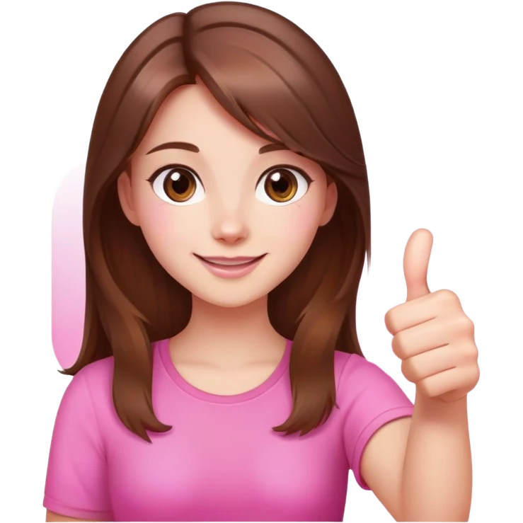 Tired but happy beautiful girl brown hair that is more valuable then corals holding a thumbs up with a cute pink aura behind here  emoji