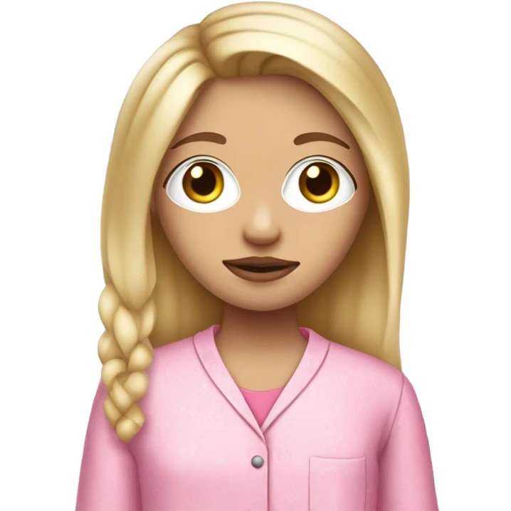 blonde girl medium length hair straight hair hazel eyes pouty lips button nose and white girl with a face mask on and pink pijamas  emoji