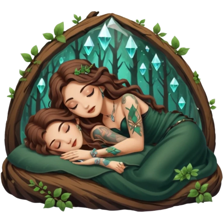 cute forest witch woman long wavy brown hair tattoos napping on crystal emoji