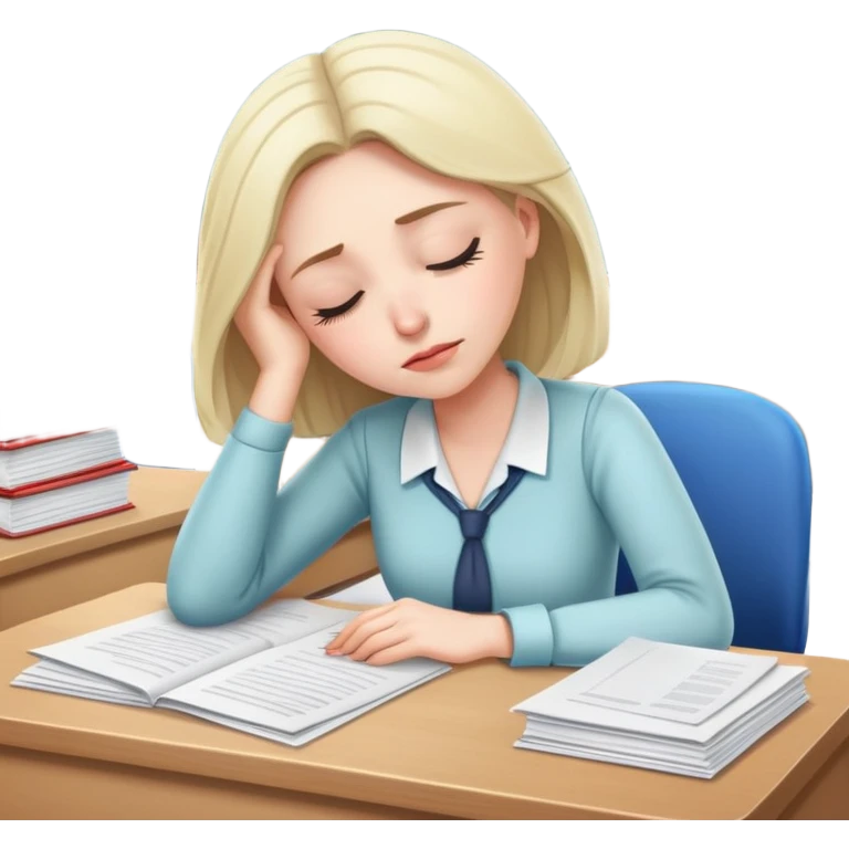 Exhausted female teacher napping at classroom desk with papers emoji
