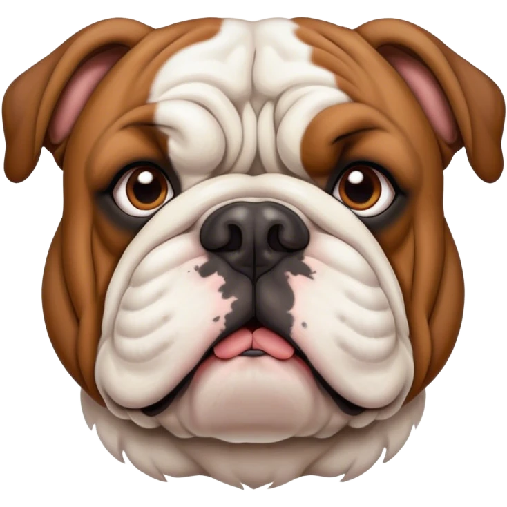 Cinematic Noble Brown and White English Bulldog Portrait Emoji, Poised and regal, with a robust, muscular build and a short, well-groomed coat of rich brown and white, deep-set soulful brown eyes, Simplified yet sharp and sophisticated features, highly detailed, glowing with a soft, dignified glow, high shine, intelligent and steadfast, stylized with an air of authority, focused and attentive, soft glowing outline, capturing the essence of a watchful and confident guardian, so majestic it feels as though it could lumber out of the screen with effortless authority! emoji