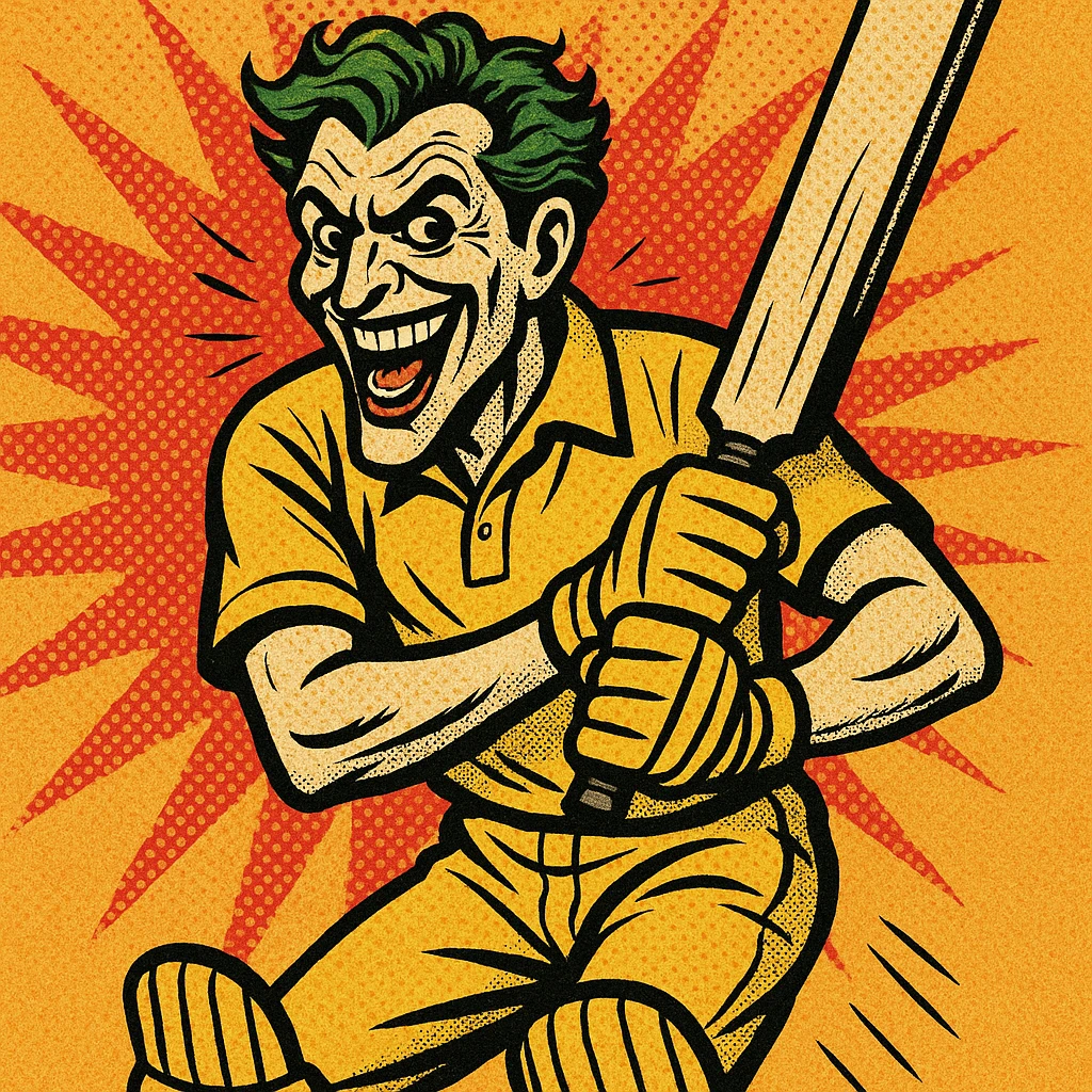 joker with green hair, yellow cricket uniform, ready to bat, comic book style emoji