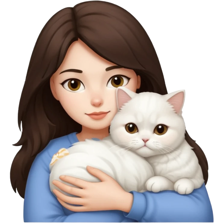 Brunette woman snuggling white Persian cat emoji