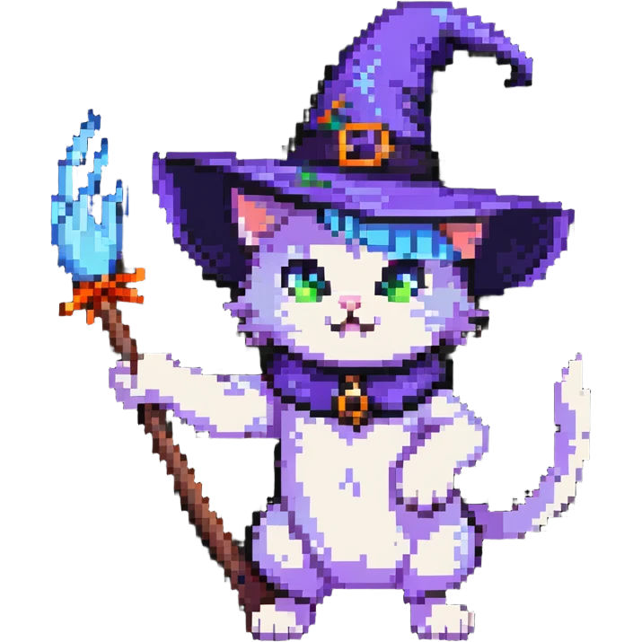 witch cat with a visible paw, cat wearing a witch hat, casting a spell emoji