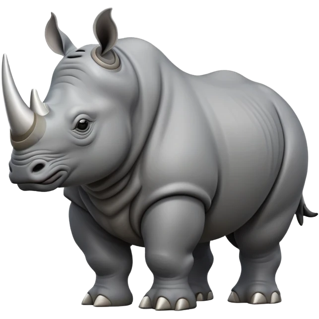 cinematic-rhino-full-body-standing-emoji,slate grey skin -massive-body-poised-powerfully,-thick-horn-curving-slightly-forward,-head-tilted-dramatically,-rough-grey-hide-covered-in-dust,-simplified-focused-features, emoji