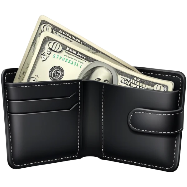 black wallet with a single one dollar bill inside, just one dollar emoji