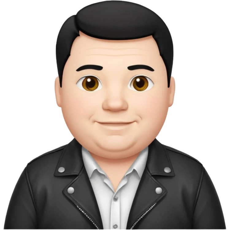 Fat white man, black hair parted in the middle to the shoulders smiling, white shirt and black jacket emoji