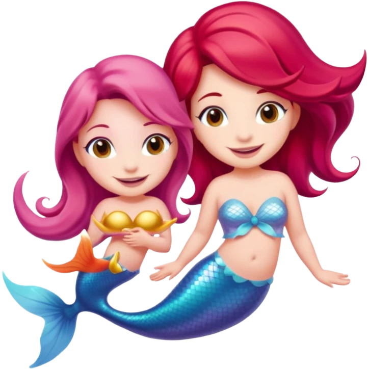 Cute iOS-style emoji of a pastel pink dolphin and a red-haired mermaid, smiling at each other. 
Simple vector emoji design, bold outlines, soft gradients, glossy look, centered, white background. emoji
