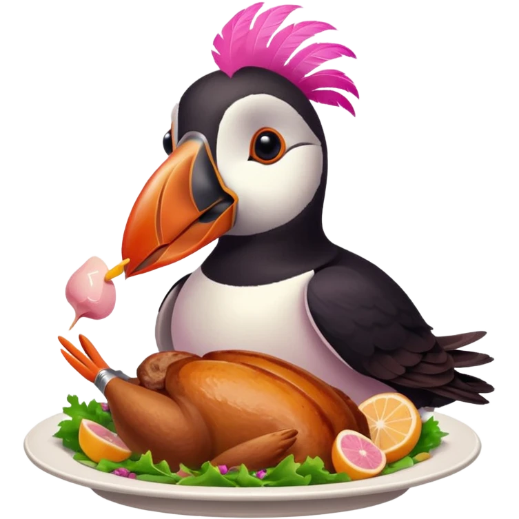 pink puffin that is pink-colored eating roast dinner emoji