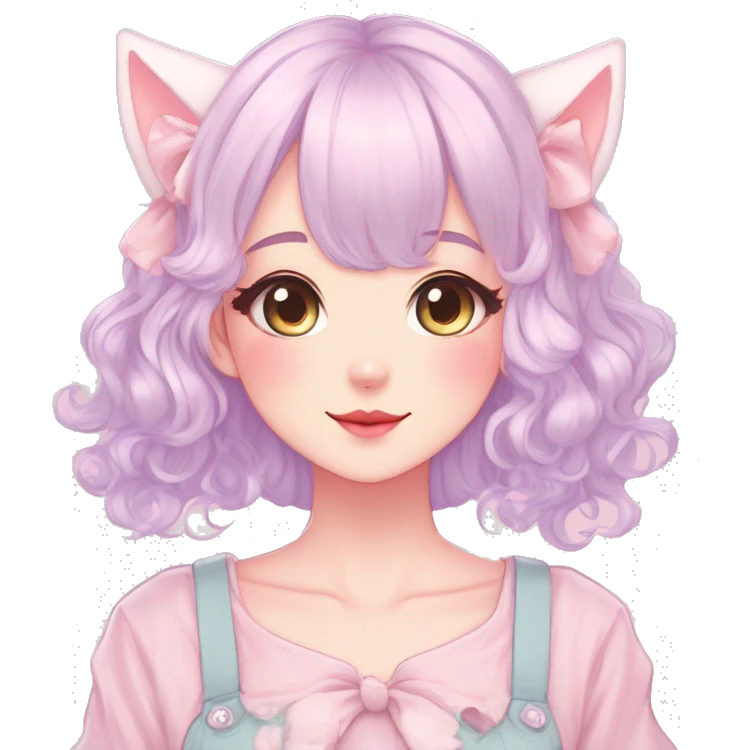 Gorgeous pastel anime style lady with blushing face and cat ears cottagecore fairycore pastelcore colorful pearly romantic simplistic aesthetic trending style full body emoji