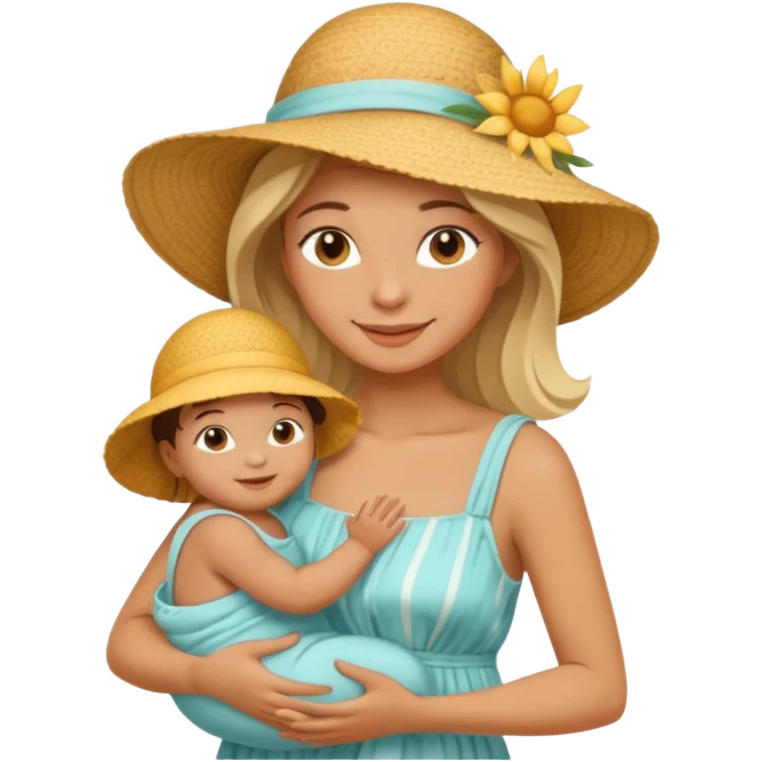 A mom in a sunhat holding her baby gently, wearing a sun-dress while smiling softly. emoji