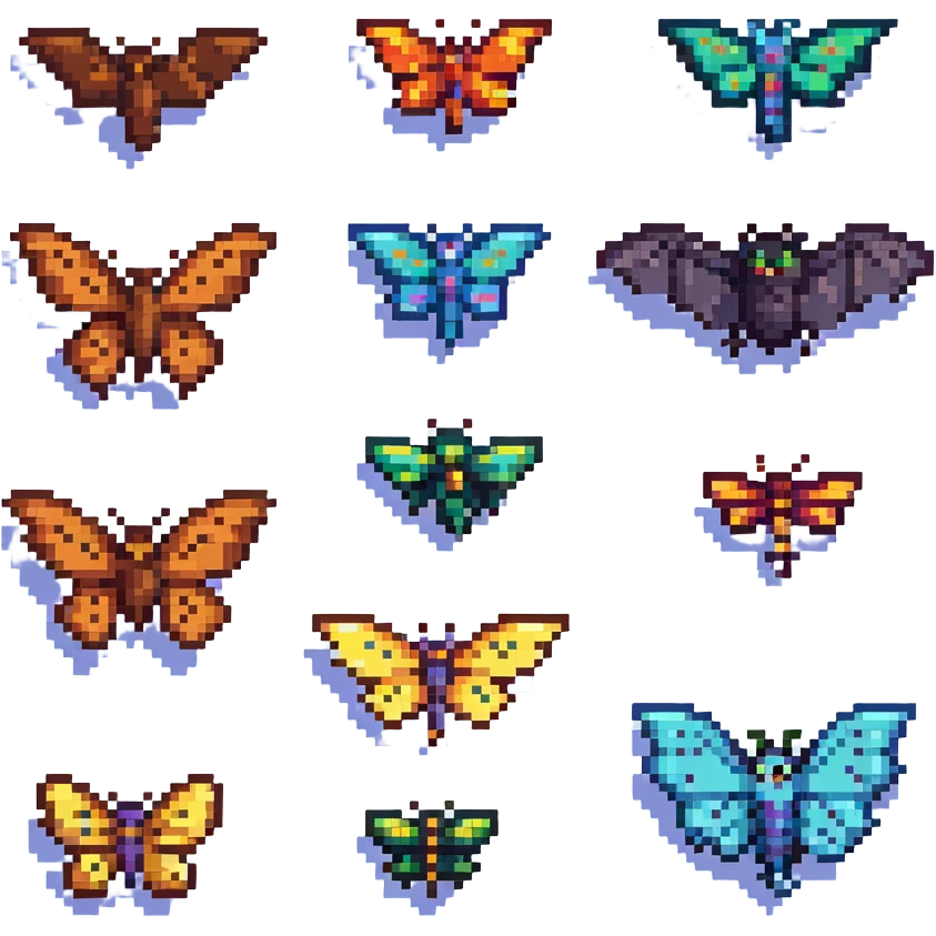 a lineup of winged animals including a bird, bat, butterfly, and dragonfly in pixel art style emoji