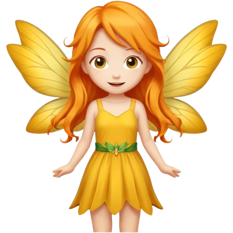 fairy with long orange hair, yellow wings, yellow dress, happy, chibi full body emoji
