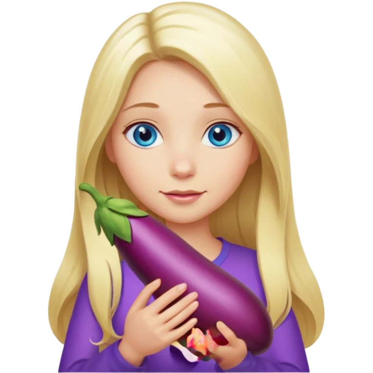 Girl, long blond hair, blue eyes, holding a long eggplant with both hands emoji