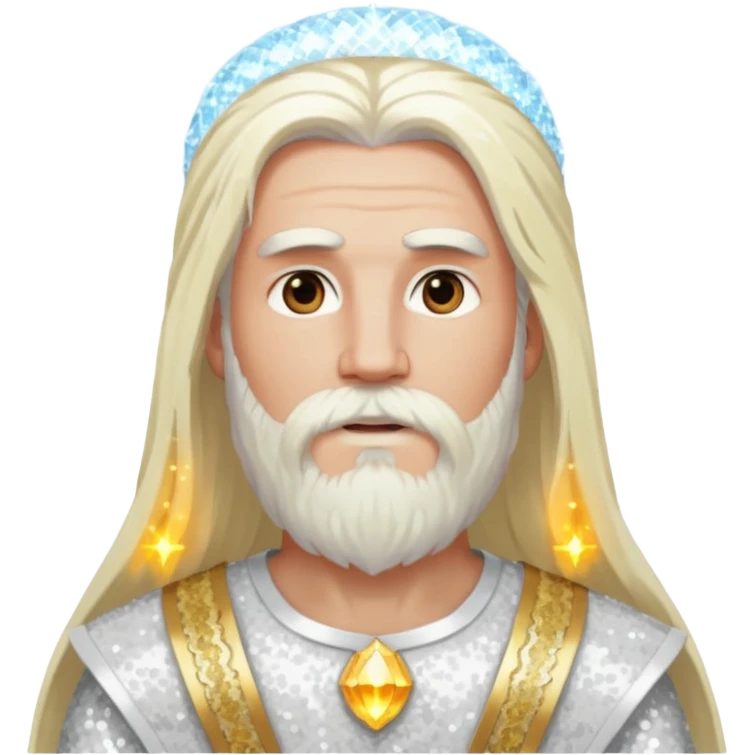 Baldr, God of Light with long white blonde hair and beard, white sequin outfit emoji