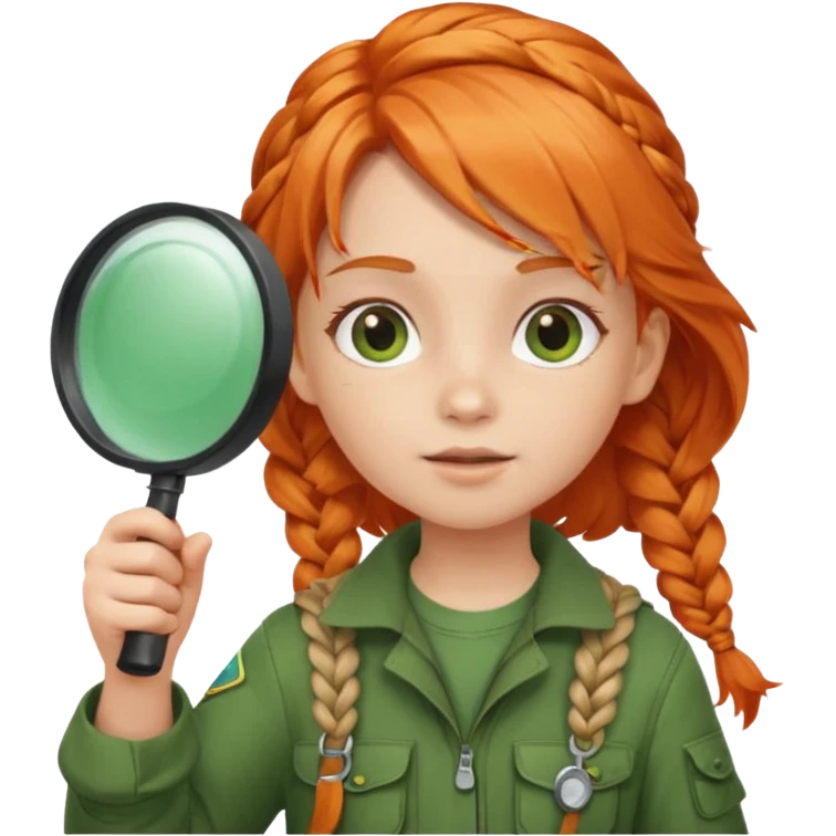 braid orange haired girl kid in green explorer outfit, holding magnifying glass emoji
