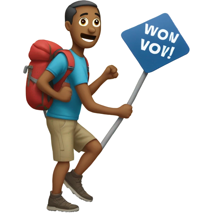 Man hiking with sign that says “Wow!” emoji