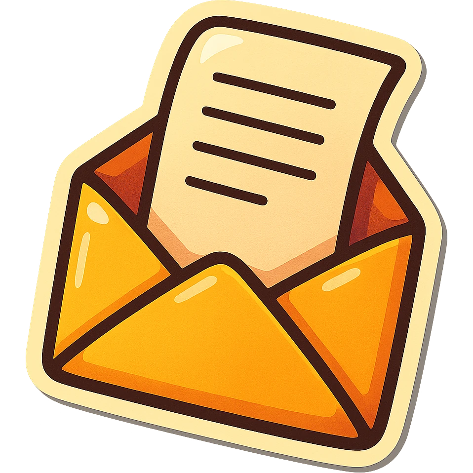 retro sticker style illustration of a letter emerging from an envelope, bold outlines, dramatic shadows, glossy highlights, playful and bright emoji