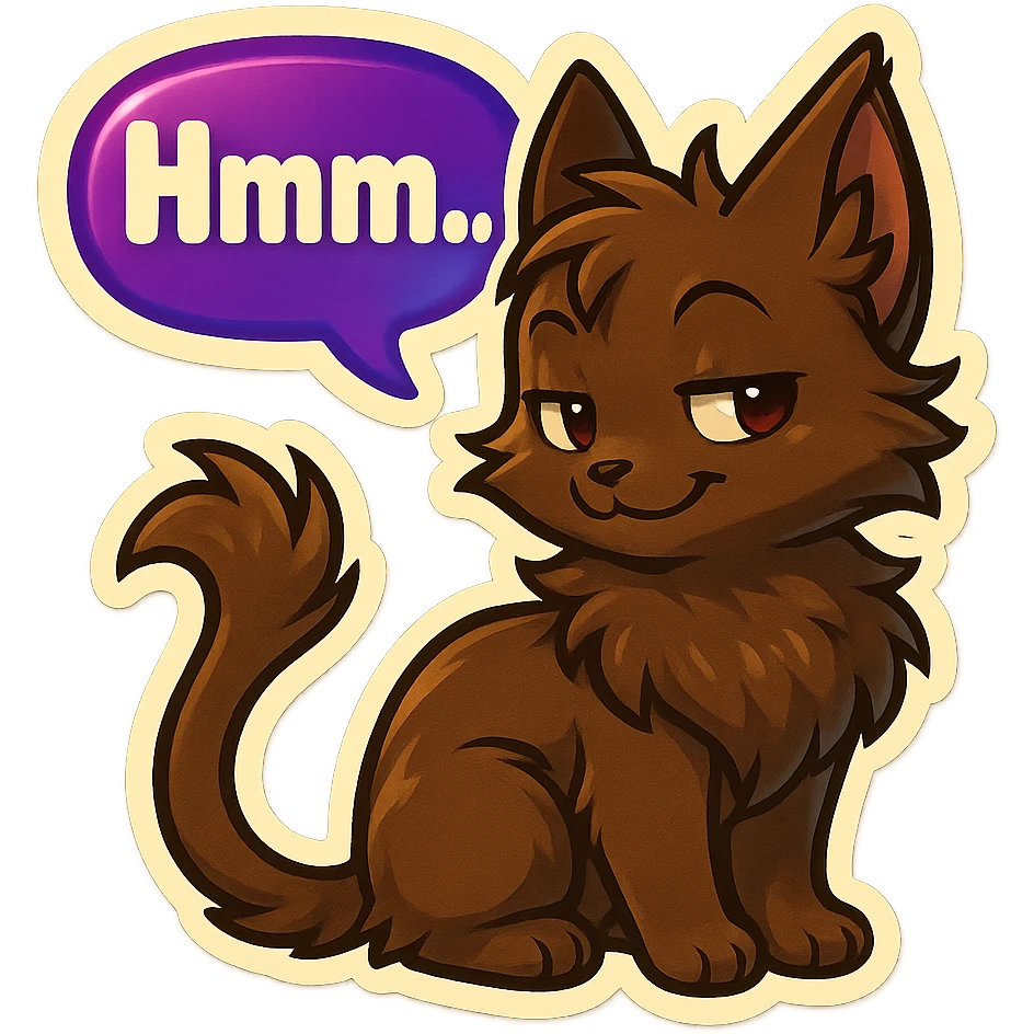 a dark-brown fluffy cute kawaii anime cat with tufted ears and a long thin tufted tail, thinking, smirking thoughtfully, saying “Hmm..” with a purple speech bubble, (cartoon style) (cute anime style) (furry style) (deviantArt style) (artist style: Kamirah) emoji