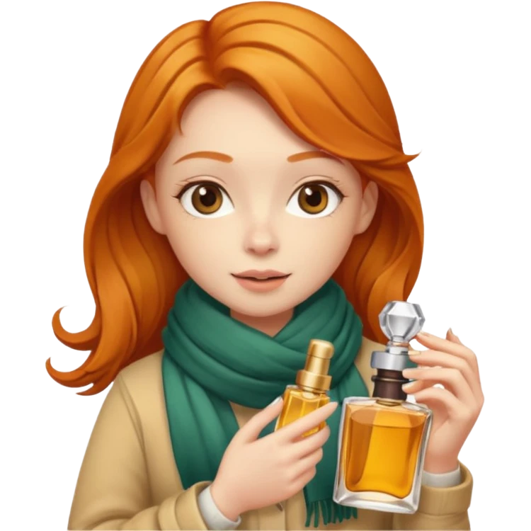 Ginger girl , cute, perfume in her hand, in autumn  emoji