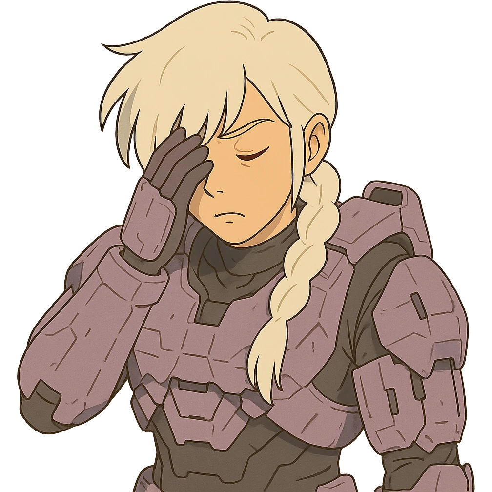 female, wearing reach spartan armor shoulder-unequip, long white braid hair with massive messy front side single bangs, gold yellow eyes, attention pose, HALO:series, no helmet, the armor is lavender color scheme, facepalm, smh, eyes closed emoji
