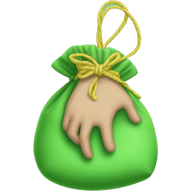 hand holding a green pouch tied with light green string emoji