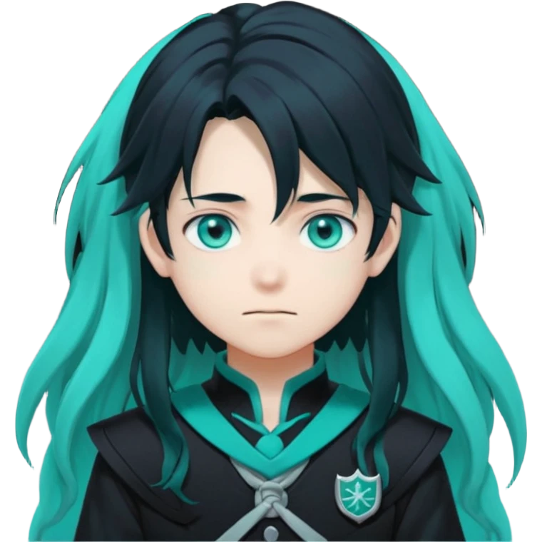 Tokito Muichiro emoji style — calm boy with long black hair fading mint green, turquoise eyes, pale skin, dreamy face, wearing dark Demon Slayer uniform, black + teal tone, anime cute clean style. emoji
