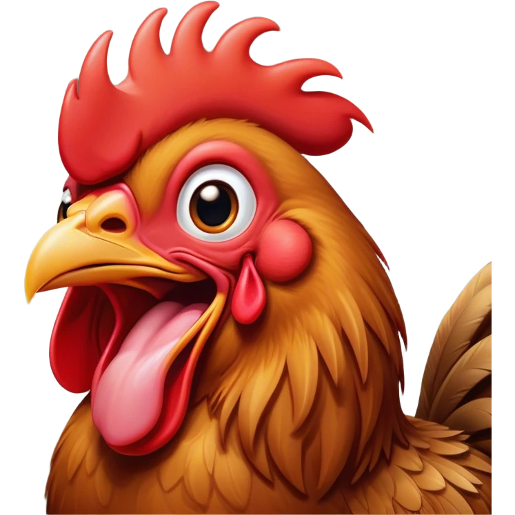Cinematic Cute Yawning Brown Rooster Portrait Emoji, Head tilted slightly with a dramatic, wide-open yawn, showcasing a soft, downy brown plumage with a subtle red comb and drooping wings, round warm eyes barely open in drowsy contentment, Simplified yet irresistibly adorable features, highly detailed, glowing with a soft, cozy glow, high shine, relaxed yet expressive, stylized with a touch of whimsy, bright and endearing, soft glowing outline, capturing the essence of a sleepy yet affectionate rooster, so drowsy it feels like it could stretch out of the screen and curl up for a nap! emoji