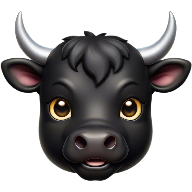 Cinematic Cute Black Bull Portrait Emoji, Head tilted playfully and inquisitively, featuring a glossy, robust black hide with a striking sheen, round, sparkling dark eyes filled with gentle curiosity, Simplified yet irresistibly adorable features, highly detailed, glowing with a warm, friendly glow, high shine, affectionate and imposing, stylized with a touch of rugged charm, bright and endearing, soft glowing outline, capturing the essence of a mischievous yet loving bull, so playful it feels like it could stomp out of the screen and into your arms! emoji