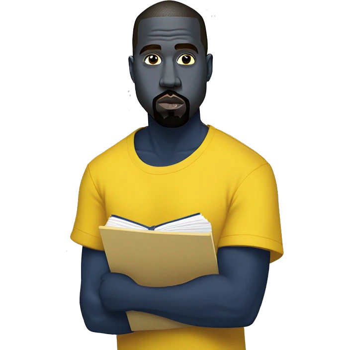 kanye west wearing a dark blue T-shirt, holding a big yellow notepad emoji