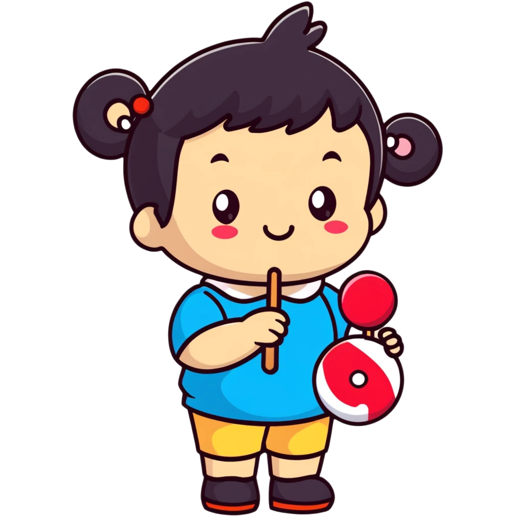 happy Monchichi character with a big lollipop emoji