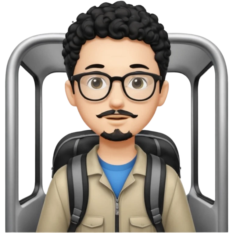 A young boy DEVELOPER WITH A backpack, black curly short hair, wearing glasses, a thin goatee, his skin is white, riding a scholar bus emoji