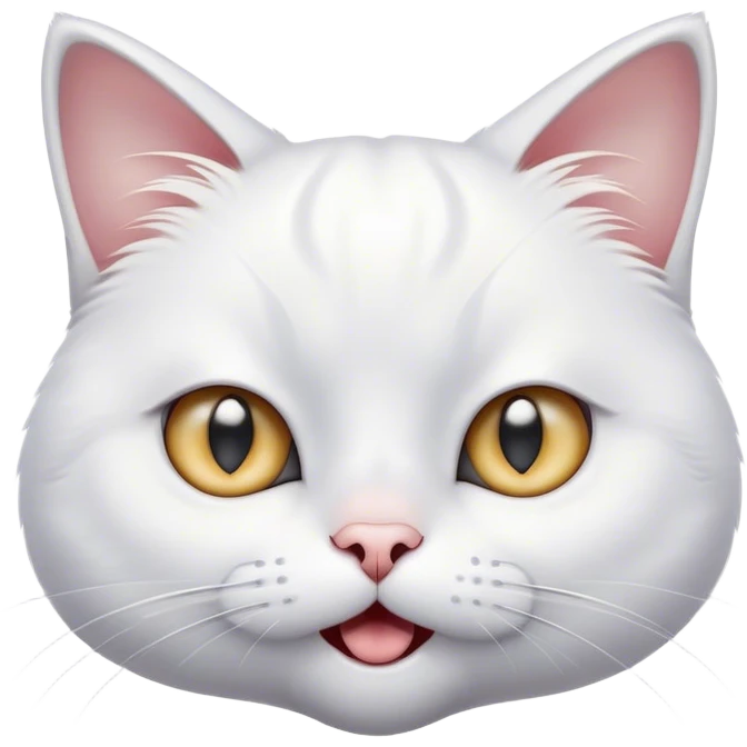 Cinematic Comical White Cat Portrait Emoji, Head tilted in an exaggerated, surprised manner with wide, sparkling eyes, showcasing a pristine white fur with subtle hints of silver and an animated, goofy expression, simplified yet whimsically detailed, glowing with a playful, bright radiance, high shine, exuding a lighthearted and comical charm, styled with a soft glowing outline, capturing the essence of a white cat that looks ready to prance comically off the screen! emoji