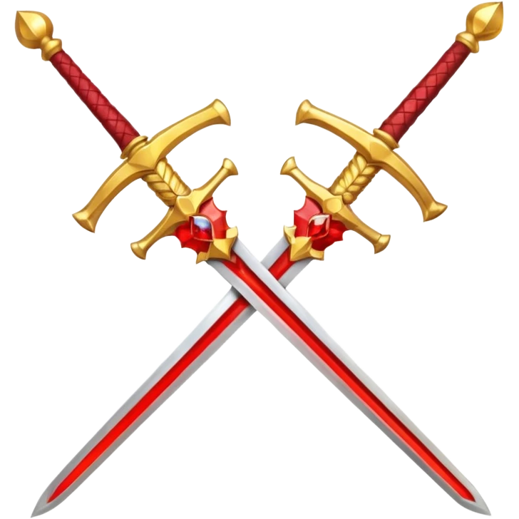 Two crossed swords that are golden in blade and handle and have fiery and royal appearence to them as well as red gem stones yellow in color emoji