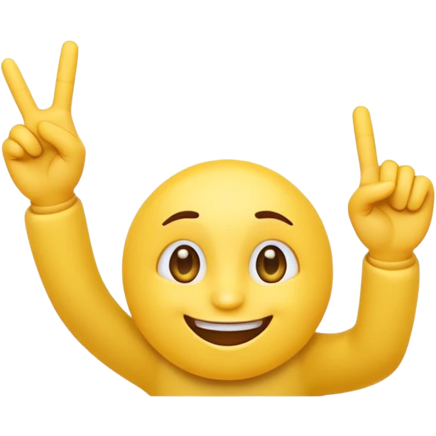 A 2D cartoon-style yellow emoji with a mischievous smile, shaped eyes, and both hands pointing upward with index fingers.  clean digital style, and a fun, dancing expression. Style similar to children’s drawing tutorials, dancing expression. No background, isolated on white.  emoji
