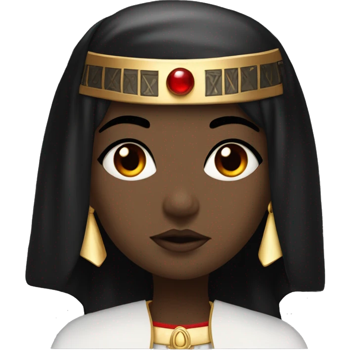 emo girl with black hair, red eyes, dressed as a priest with flowing robes, wearing a pharaoh headdress in black and red emoji