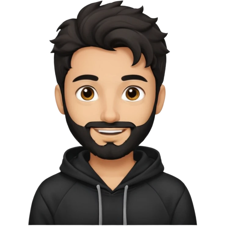 young fair skin pakistani guy smiling with black beard, wavy hair pushed back and brown eyes and thick eyebrows wearing black hoodie emoji