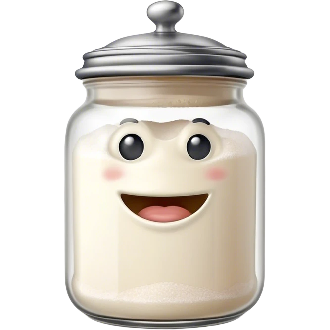 A mischievous anthropomorphic salt jar with transparent glass body and metal lid emoji