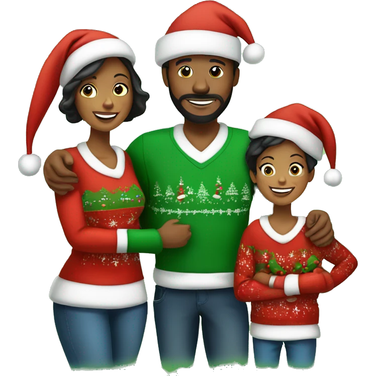Black family of four with Dad, Mom, Son, and daughter. All wearing Christmas sweaters and Santa hats.  emoji