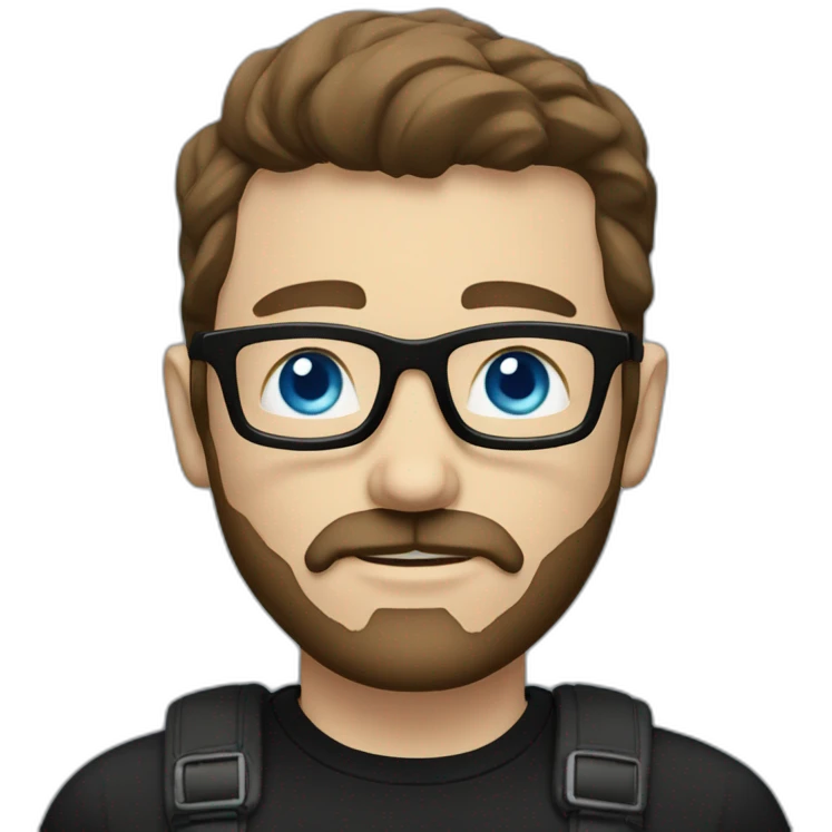 White man with blue eyes and dark brown hair, styled sideways backwards. He has a beard and mustache trimmed and wears a black t-shirt and vintage glasses. emoji