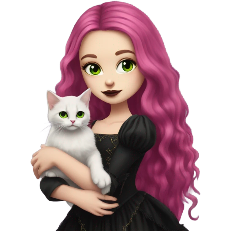 Pretty portrait of White girl. The Girl has Long Magenta Hair. Soft gothic make up and gothic dress. Holding her Cat. The cat is golden british longhair kitten with Green Eyes. emoji