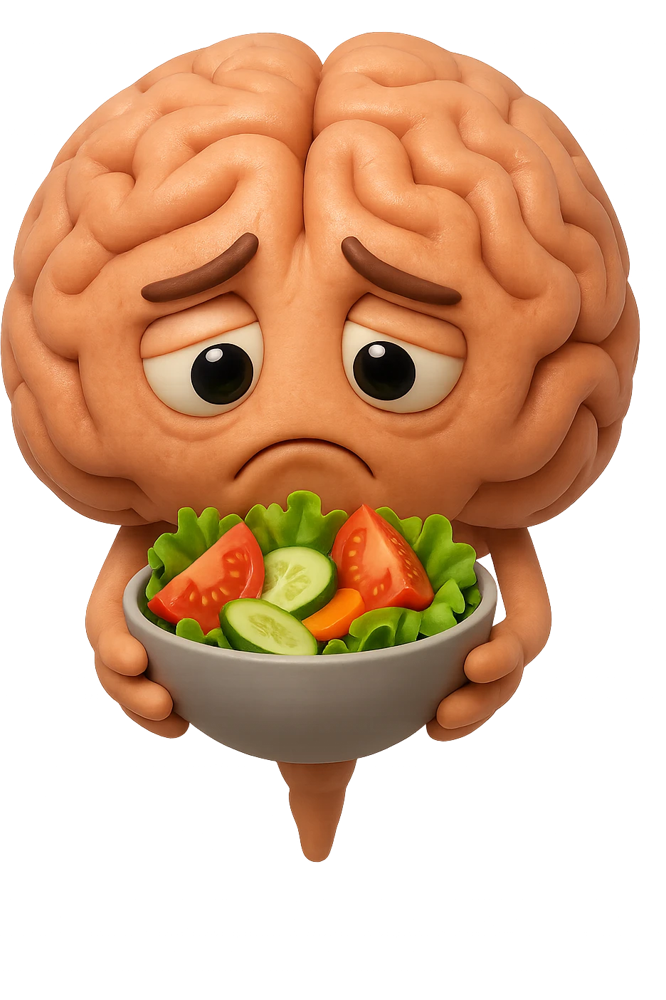 EMOJI STILE IPHONE 3D DI UN cervello umano che tiene in mano un insalata con espressione triste, iperrealistico 4k emoji