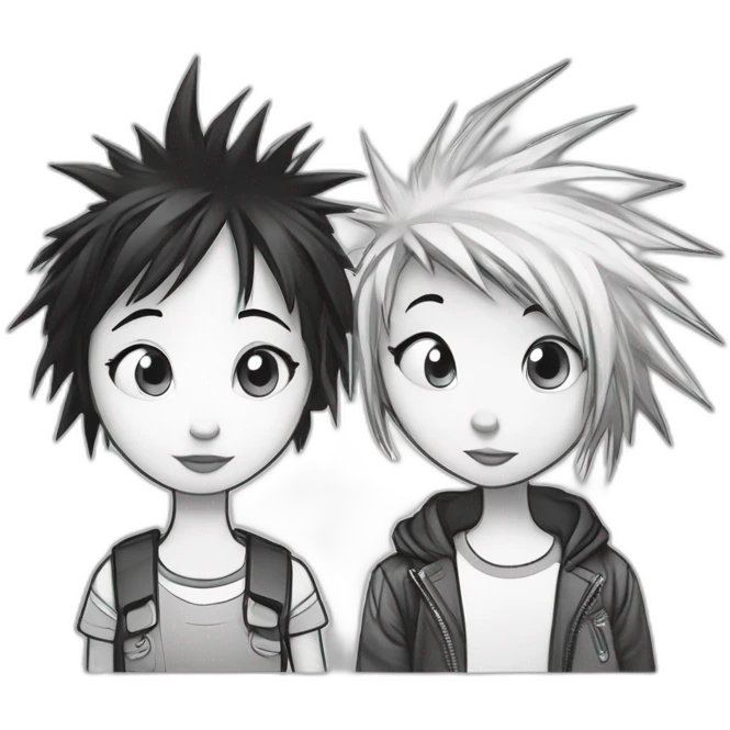 dog and a dark-haired girl with spiky hair looking at each other in style of ((sarah andersen)), black and white emoji