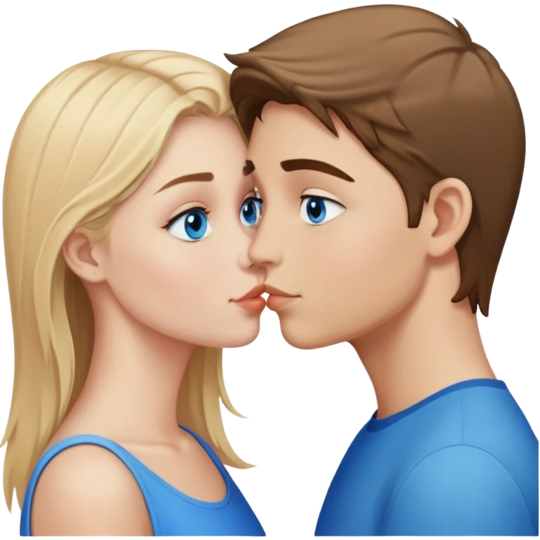 a a straight haired blonde, blue eyed girl kissing with a brown haired blue eyed boy emoji