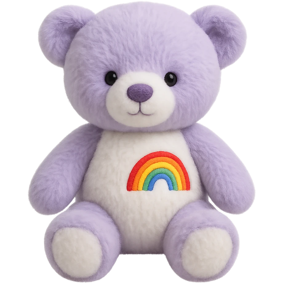Add a rainbow patch to the purple and white teddy bear, keep it soft and plush, no shadows, flat lighting, no background. The style should maintain the soft and plush look of the teddy bear with flat lighting and no shadows. emoji