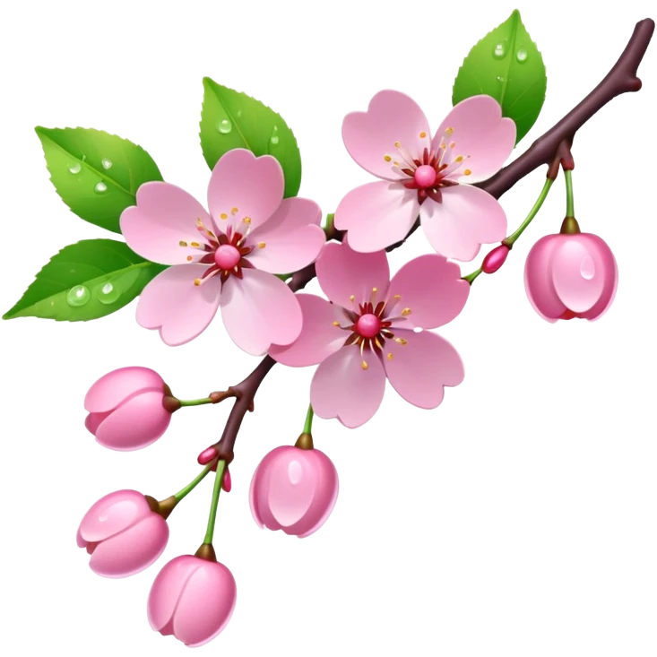 Realistic cherry blossoms, on a vine, with dew drops, high definition,  emoji