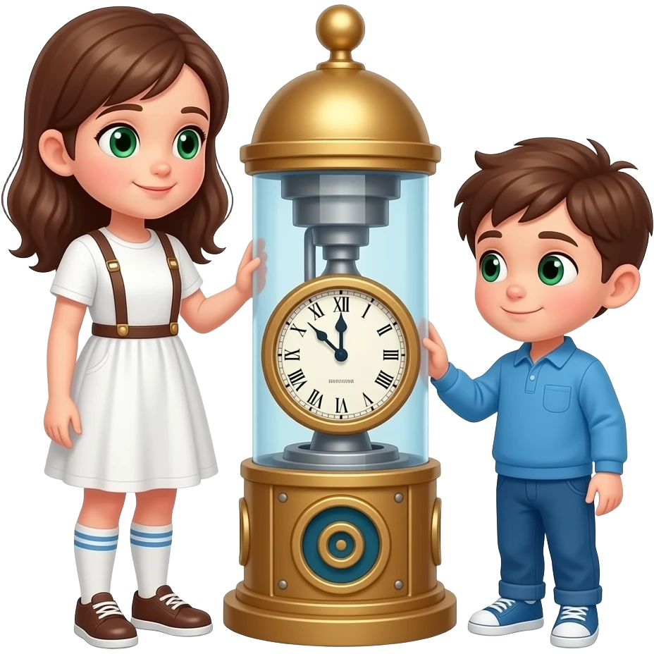 una maquina del tiempo rodeada por dos hermanos un chico i una chica los dos castanyo i ojos verdes (la chica mas grande que el i con ropa blanca con tirantes) i el chico con ropa azul) los dos estan mirando la maquina realista que se pueda entrar emoji