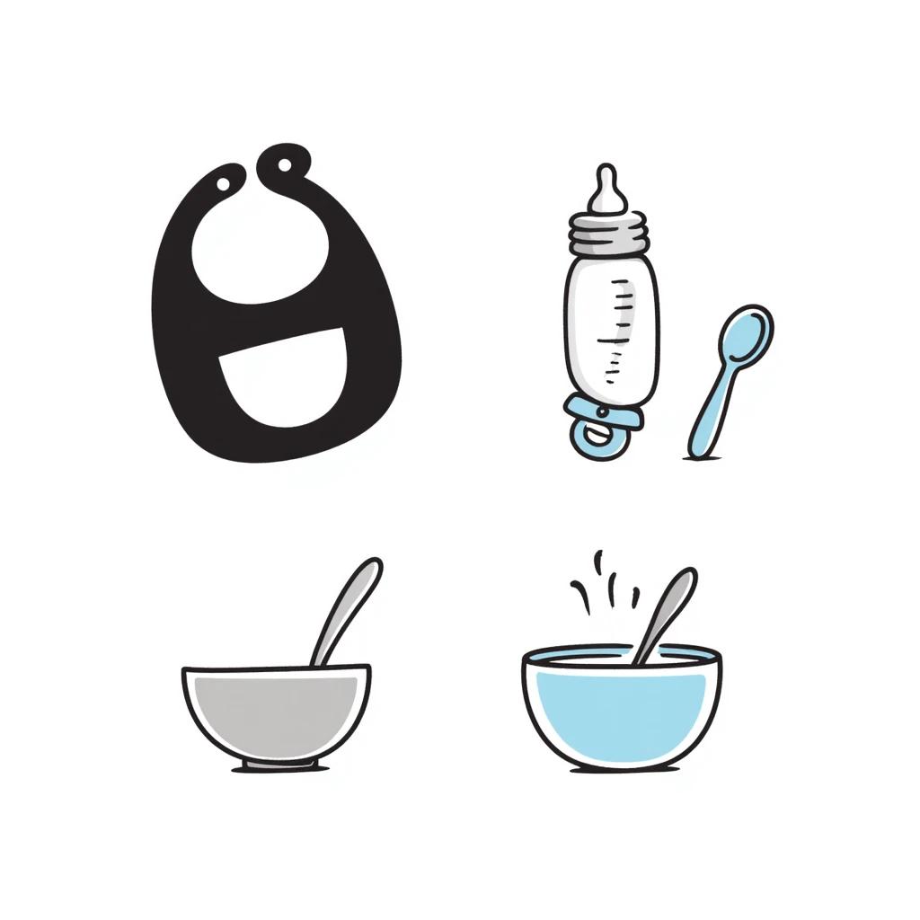 a baby feeding set including a baby bottle, pacifier, bowl with spoon, and bib, in pastel colors dd9fb0, ffc6d3, a3bfc9, c4bee2, f1b091, detailed hand-drawn doodle style emoji
