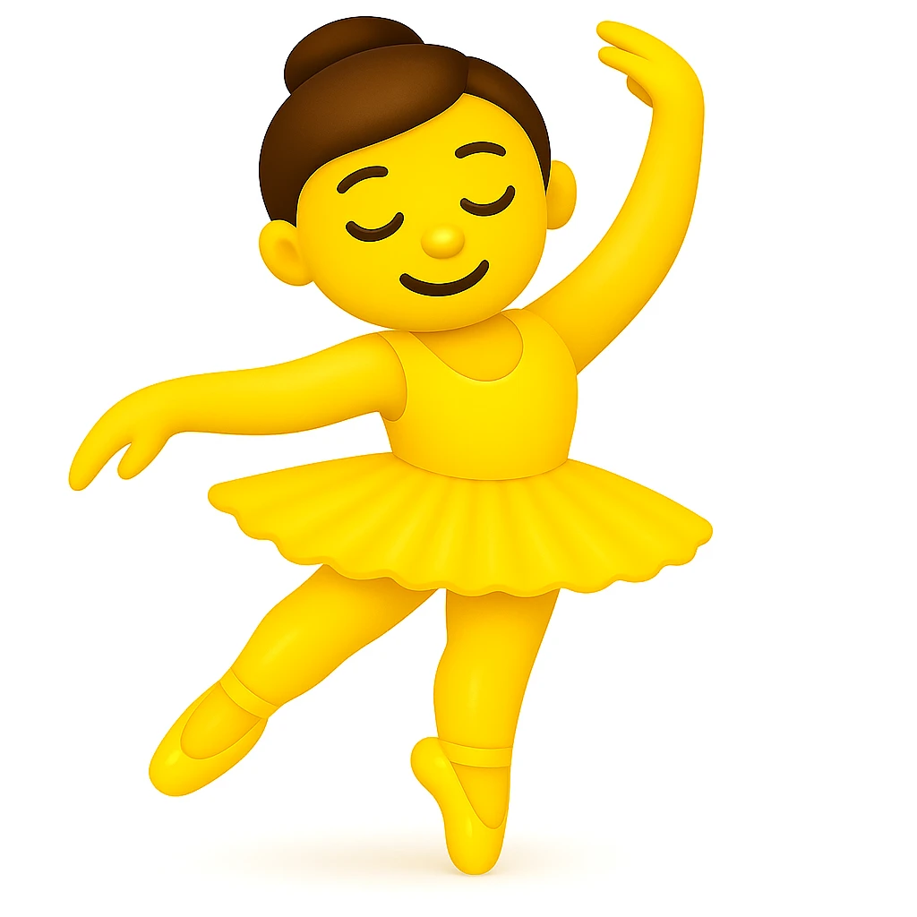 Keep the image just like the reference but make the skin color classic yellow emoji skin in iOS emoji style. Same pose, yellow tutu, elegant, smooth, and shiny. Add a subtle highlight to the legs. The style should resemble classic yellow iOS emoji skin tone and texture. emoji