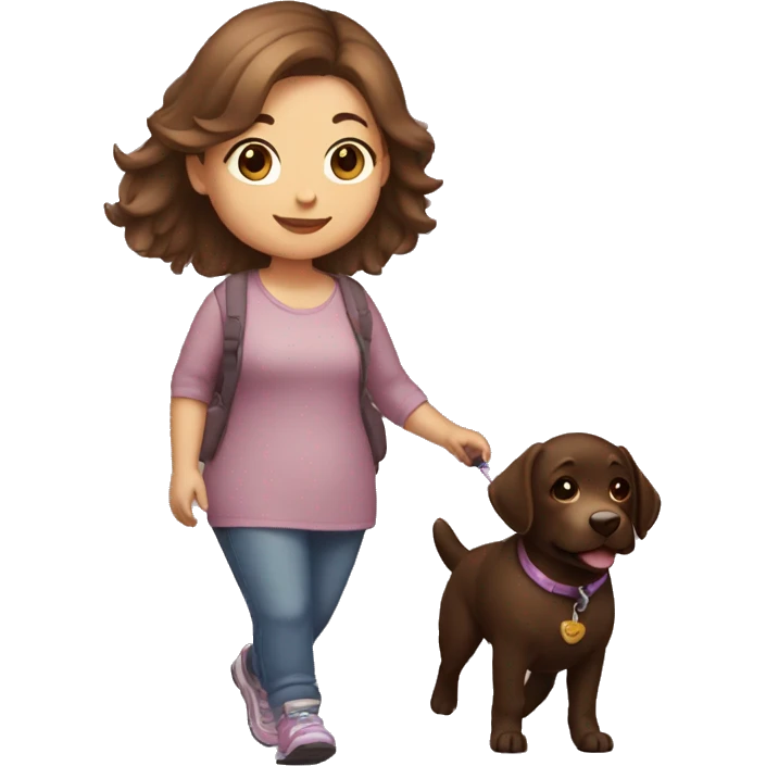 chubby girl with highlights in hair walking a chocolate labrador emoji